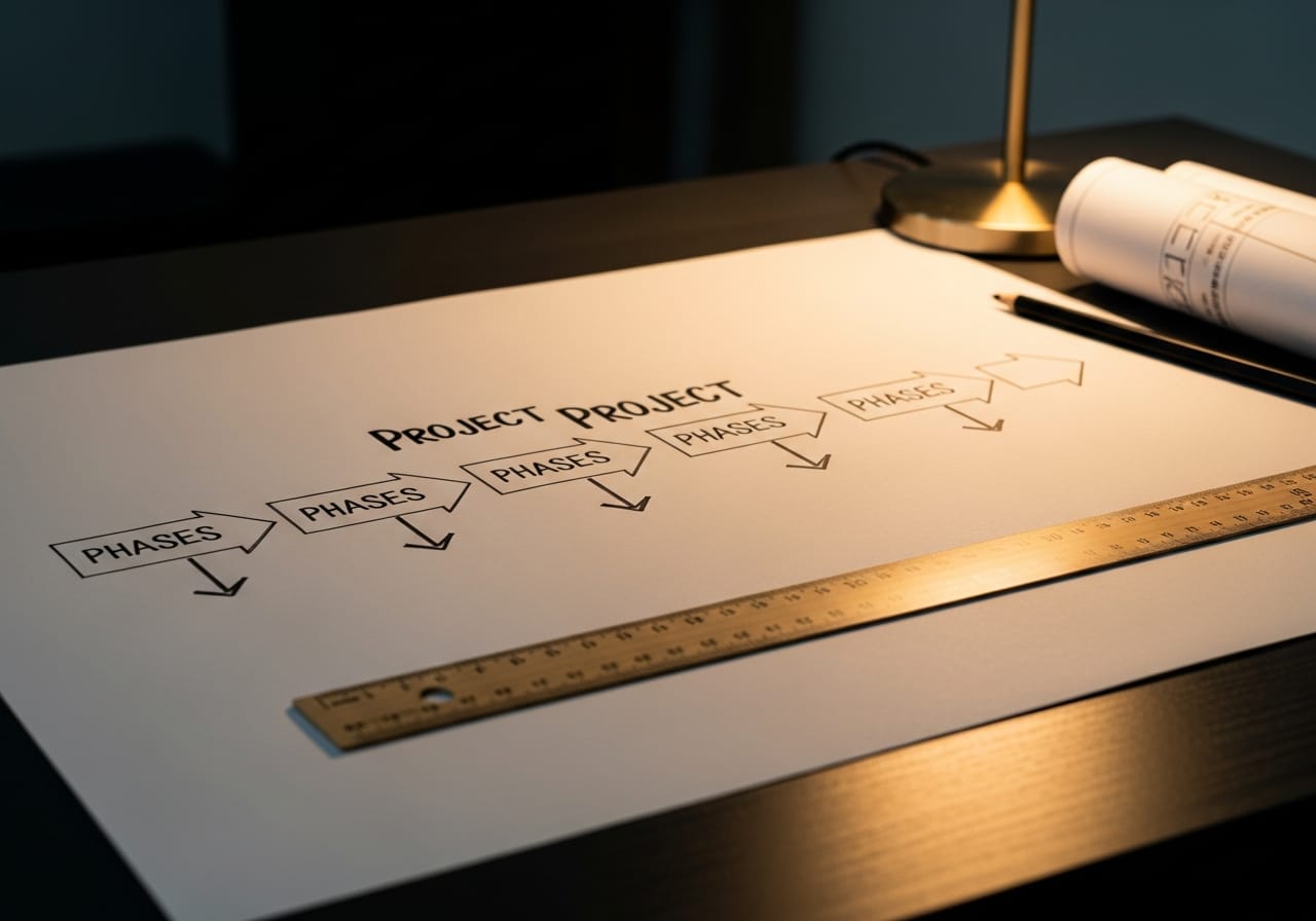 Von Hand gezeichneter Projektphasen-Plan auf Papier, daneben Lineal und Bleistift