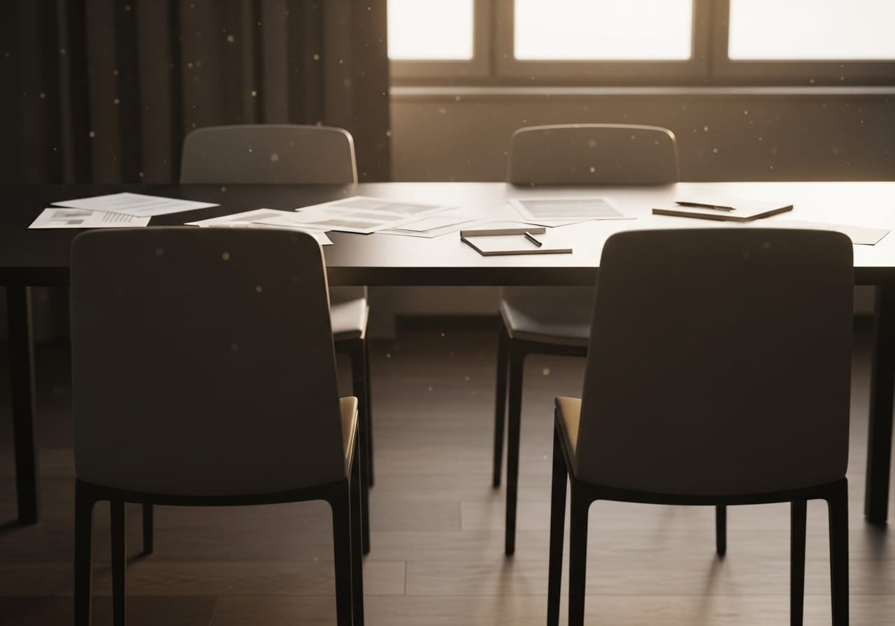 Besprechungsraum im Morgenlicht, auf dem Tisch liegen Unterlagen