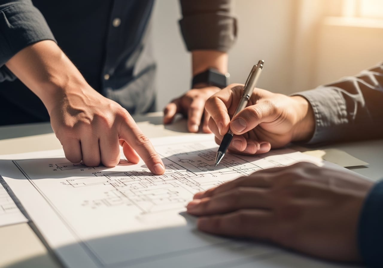 Zwei Personen gehen an einem Tisch einen technischen Plan durch, eine Hand zeigt auf ein Detail